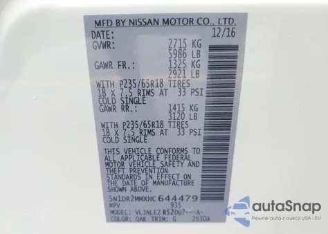 2017 Nissan Pathfinder S/Sv/Sl/Platinum from USA, damaged, VIN 5N1DR2MMXHC644479